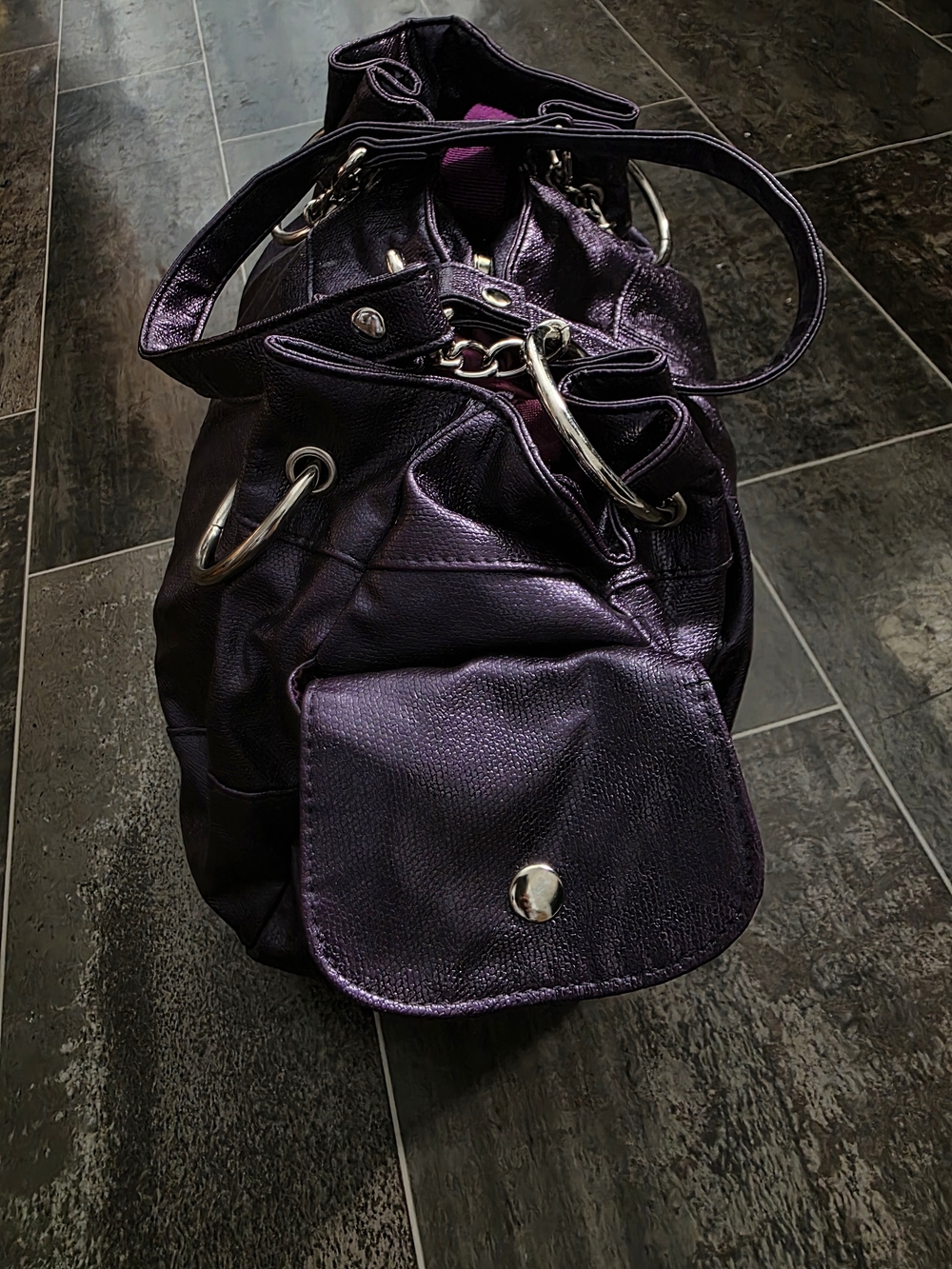 Y2k Metallic Purple Shoulder Bag with Chain Accent